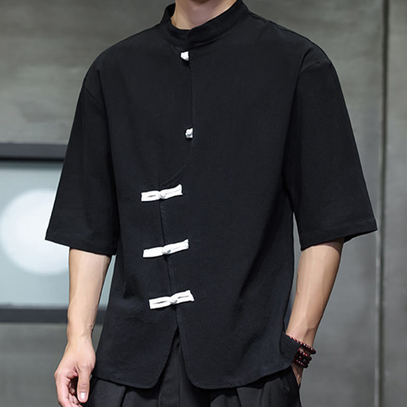 Buddha Stones Plain Chinese Frog-Button Stehkragen Baumwolle Leinen Herren Halbarmhemd - image 3