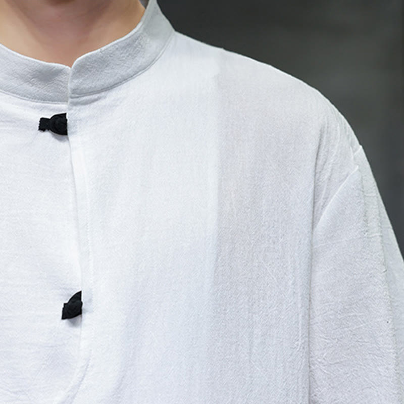 Buddha Stones Plain Chinese Frog-Button Stehkragen Baumwolle Leinen Herren Halbarmhemd - image 10