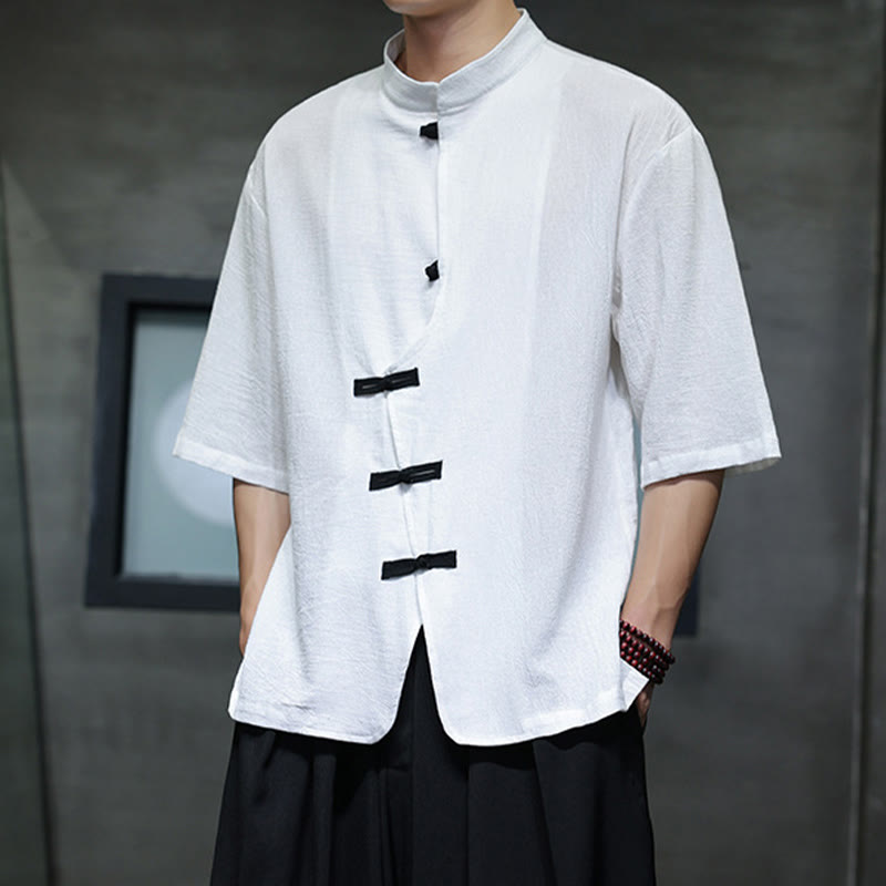 Buddha Stones Plain Chinese Frog-Button Stehkragen Baumwolle Leinen Herren Halbarmhemd - image 8