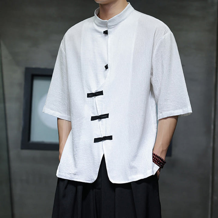 Buddha Stones Plain Chinese Frog-Button Stehkragen Baumwolle Leinen Herren Halbarmhemd - image 8