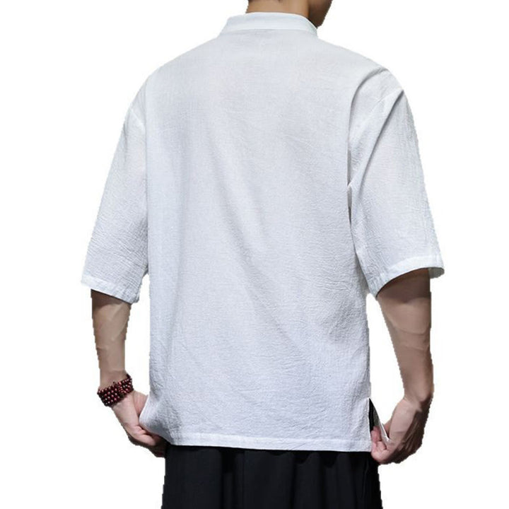 Buddha Stones Plain Chinese Frog-Button Stehkragen Baumwolle Leinen Herren Halbarmhemd - image 13