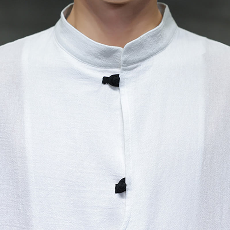 Buddha Stones Plain Chinese Frog-Button Stehkragen Baumwolle Leinen Herren Halbarmhemd - image 11