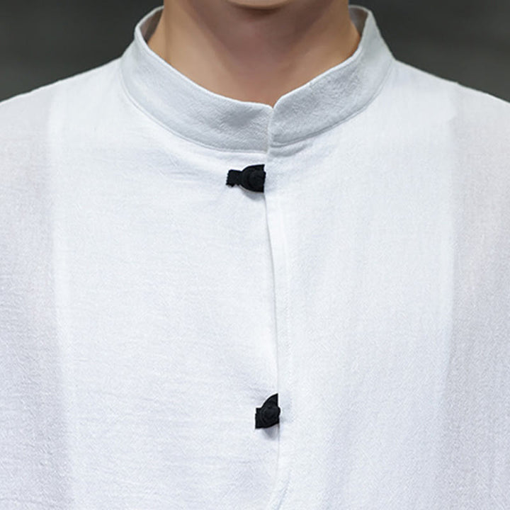 Buddha Stones Plain Chinese Frog-Button Stehkragen Baumwolle Leinen Herren Halbarmhemd - image 11