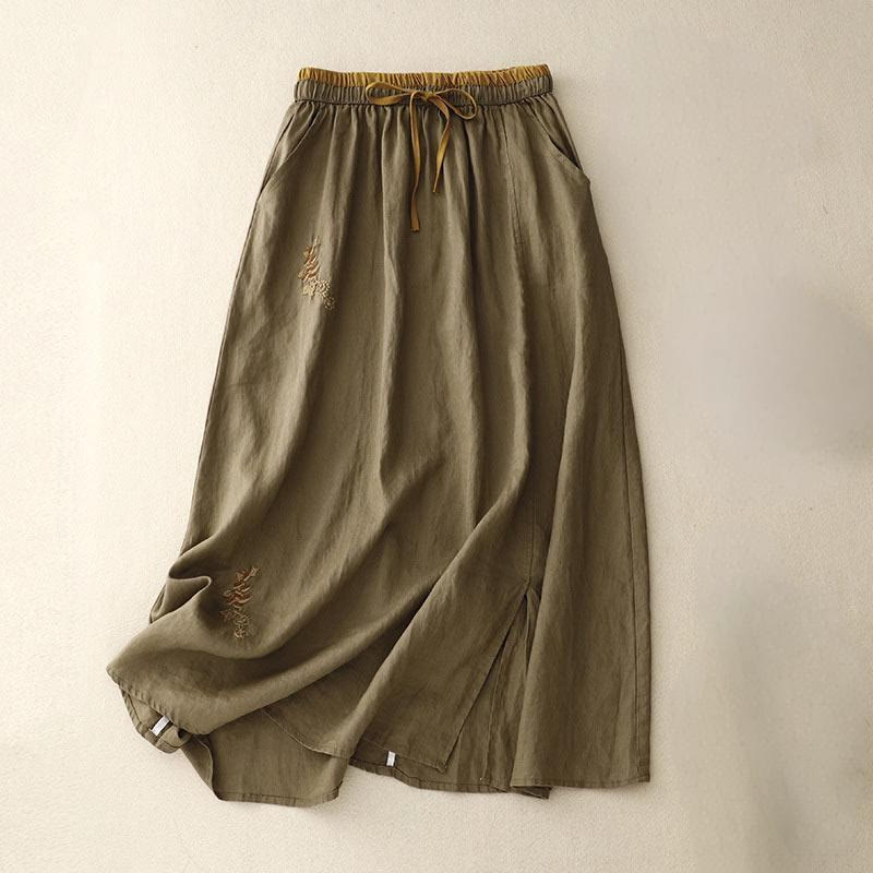 Buddha Stones Vintage Solide Stickerei Kordelzug Damenrock mit Taschen - Olive - US8-10， UK/AU12-14，EU40-42 (2XL) - image 0