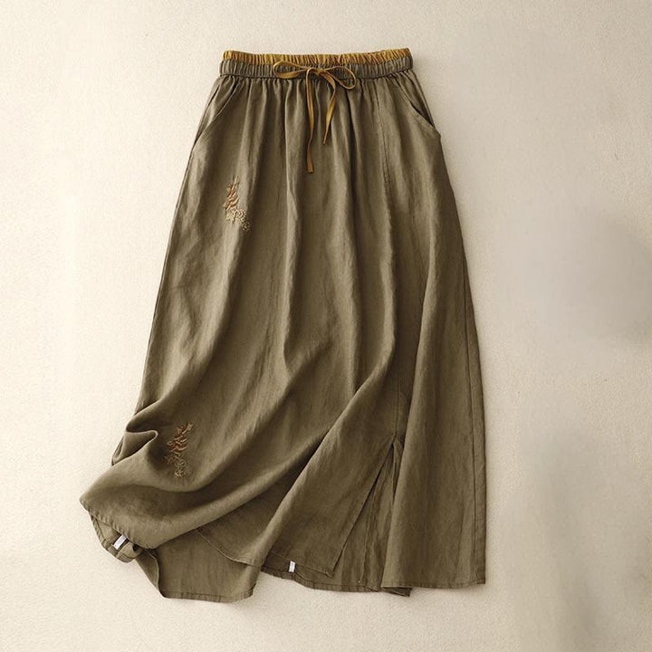 Buddha Stones Vintage Solide Stickerei Kordelzug Damenrock mit Taschen - Olive - US 8-10, UK/AU 12-14, EU 40-42 (2XL) - image 0