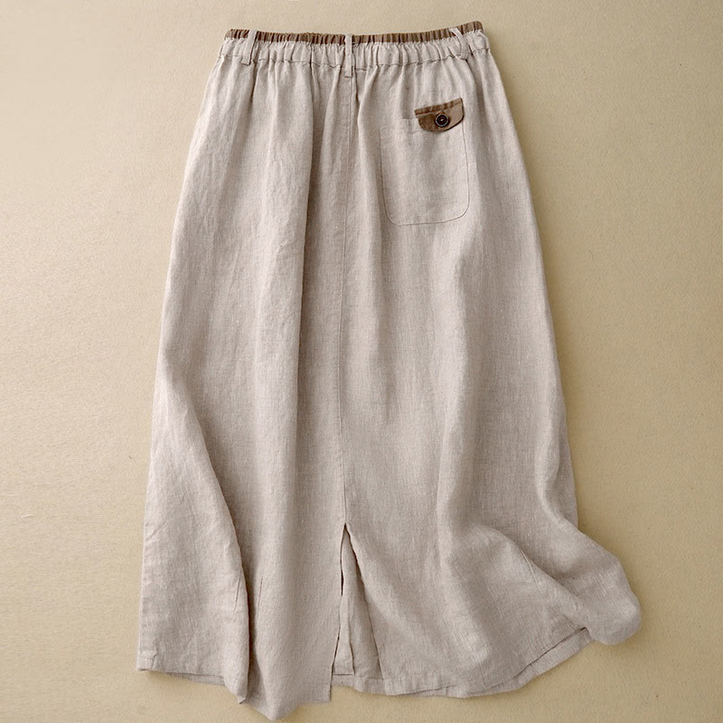 Buddha Stones Vintage Casual Plain Side Slit Elastic Waist Cotton Linen Damenrock mit Taschen - image 1