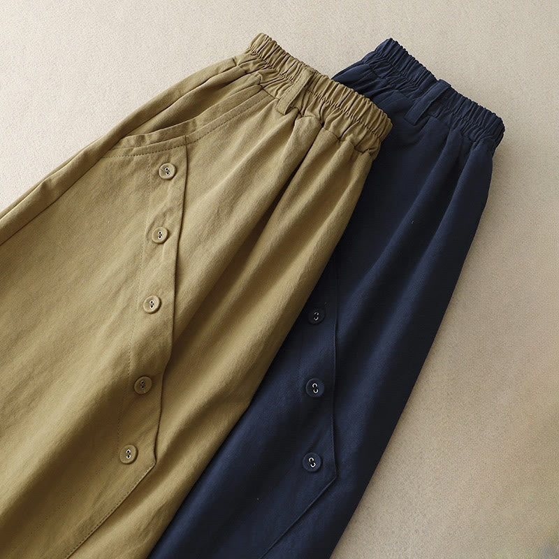 Buddha Stones Lässiger, schlichter, asymmetrischer Baumwollrock mit Knopfdesign und Taschen - image 9