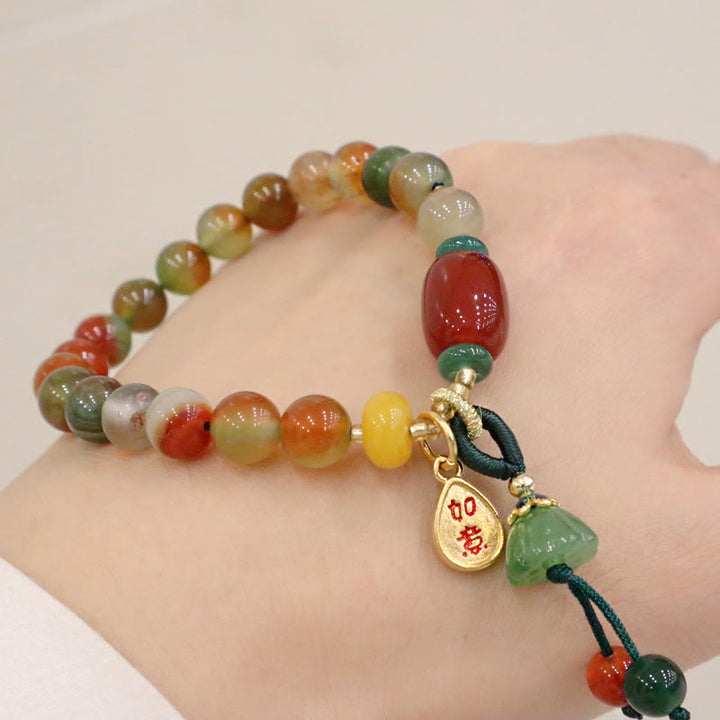 Buddha Stones Natürlicher bunter Pfauenachat Chalcedon Ruyi As One Wishes Charm Courage Armband