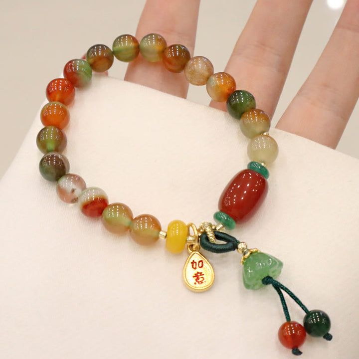Buddha Stones Natürlicher bunter Pfauenachat Chalcedon Ruyi As One Wishes Charm Courage Armband