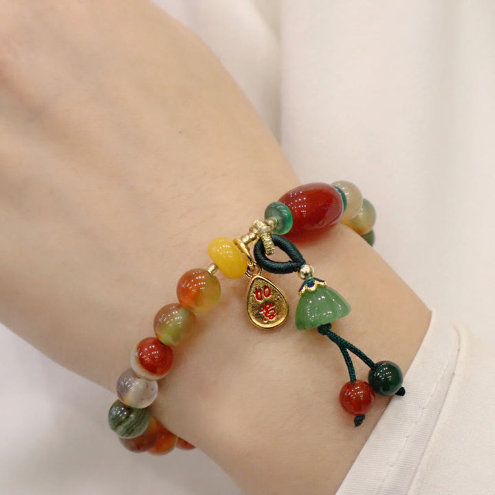 Buddha Stones Natürlicher bunter Pfauenachat Chalcedon Ruyi As One Wishes Charm Courage Armband