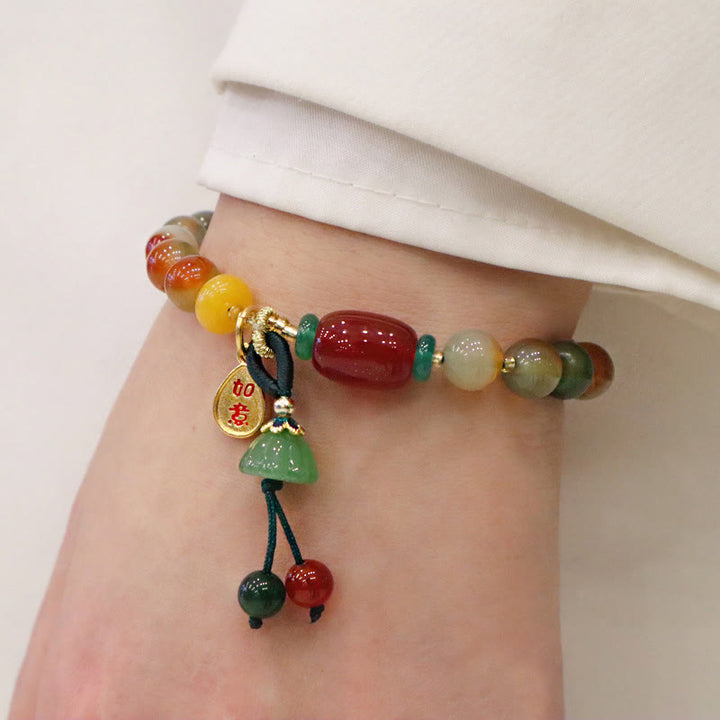 Buddha Stones Natürlicher bunter Pfauenachat Chalcedon Ruyi As One Wishes Charm Courage Armband