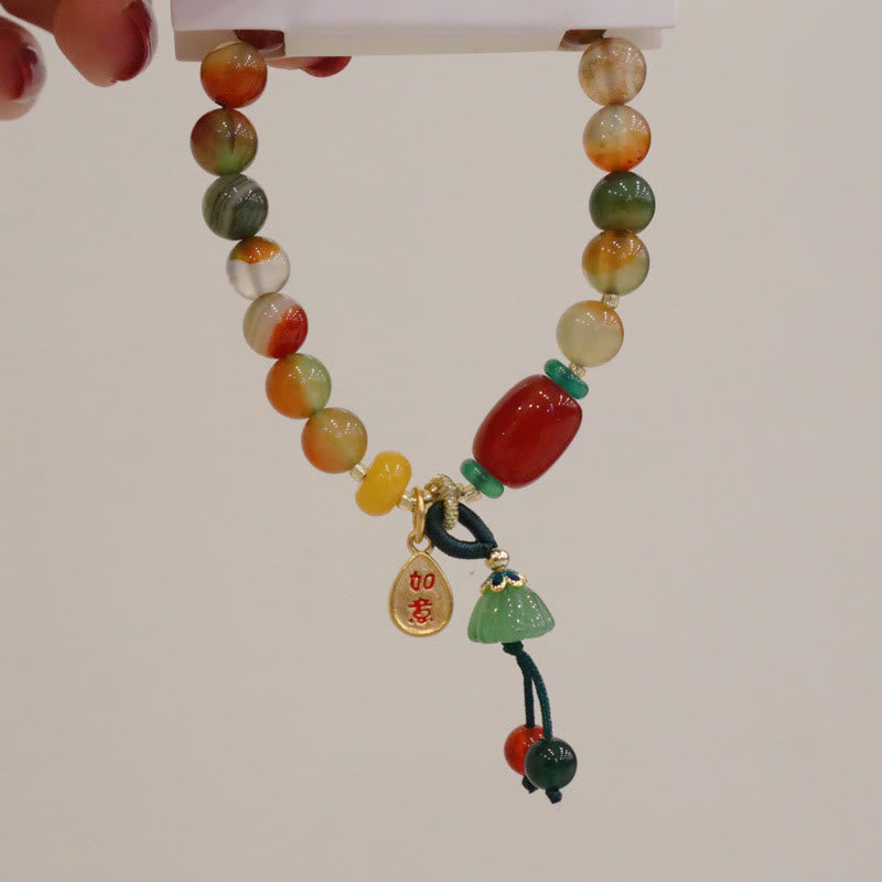 Buddha Stones Natürlicher bunter Pfauenachat Chalcedon Ruyi As One Wishes Charm Courage Armband