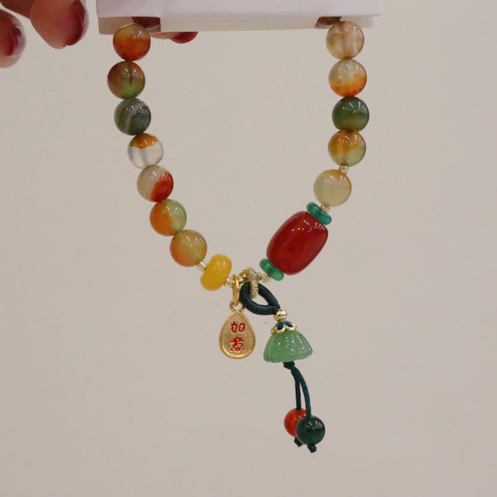 Buddha Stones Natürlicher bunter Pfauenachat Chalcedon Ruyi As One Wishes Charm Courage Armband