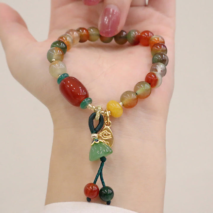 Buddha Stones Natürlicher bunter Pfauenachat Chalcedon Ruyi As One Wishes Charm Courage Armband