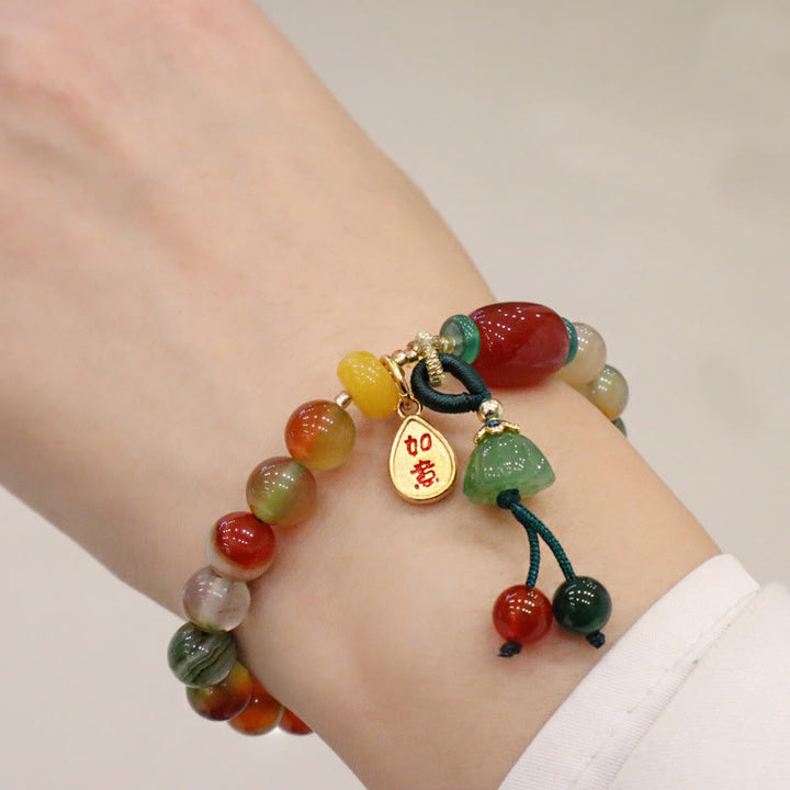 Buddha Stones Natürlicher bunter Pfauenachat Chalcedon Ruyi As One Wishes Charm Courage Armband