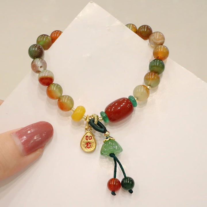 Buddha Stones Natürlicher bunter Pfauenachat Chalcedon Ruyi As One Wishes Charm Courage Armband