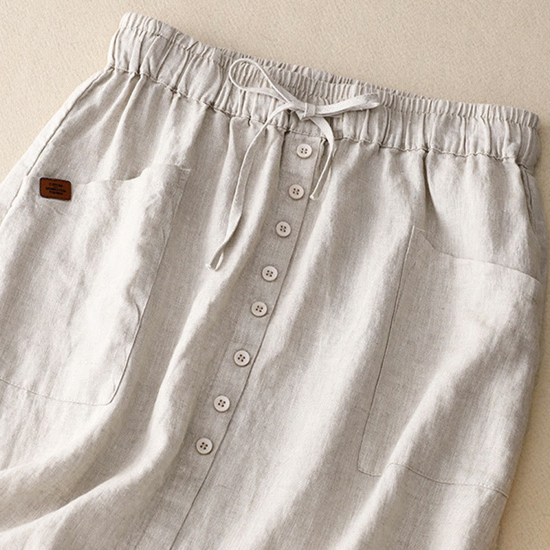 Buddha Stones Spring Damen-Baumwoll-Leinen-Rock mit Schnürung, Knopfschlitz und Taschen - image 1