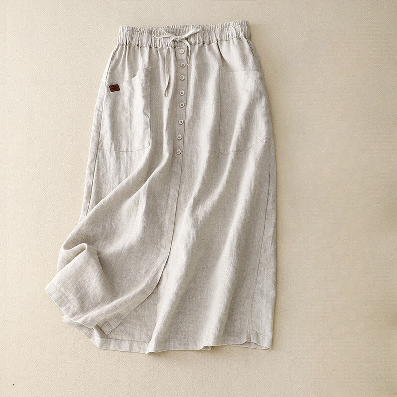 Buddha Stones Spring Damen-Baumwoll-Leinen-Rock mit Schnürung, Knopfschlitz und Taschen - Beige - US 8-10, UK/AU 12-14, EU 40-42 (2XL) - image 0