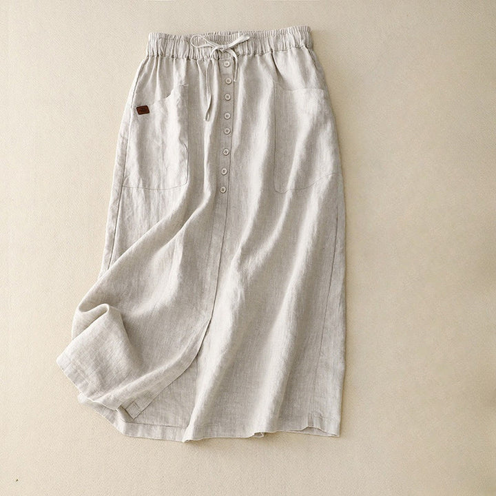 Buddha Stones Spring Damen-Baumwoll-Leinen-Rock mit Schnürung, Knopfschlitz und Taschen - Beige - US 8-10, UK/AU 12-14, EU 40-42 (2XL) - image 0