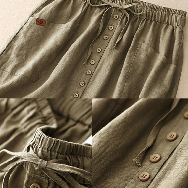 Buddha Stones Spring Damen-Baumwoll-Leinen-Rock mit Schnürung, Knopfschlitz und Taschen - image 3