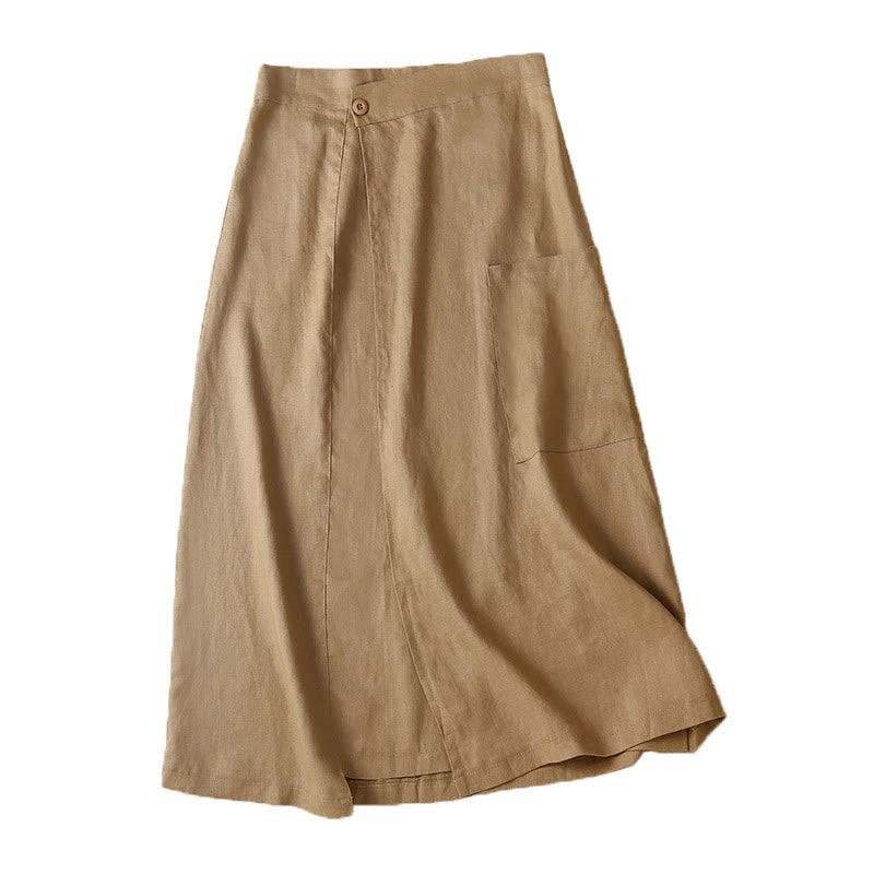 Buddha Stones Vintage Sommer Asymmetrischer Damenrock aus Baumwollleinen mit hoher Taille und Taschen - image 14