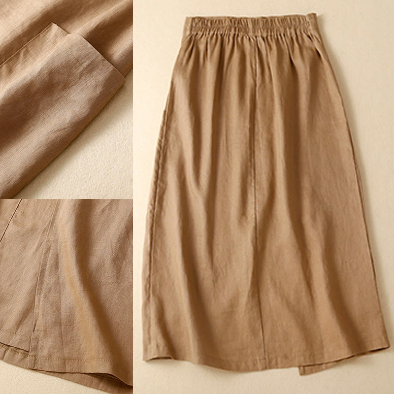 Buddha Stones Vintage Sommer Asymmetrischer Damenrock aus Baumwollleinen mit hoher Taille und Taschen - image 12