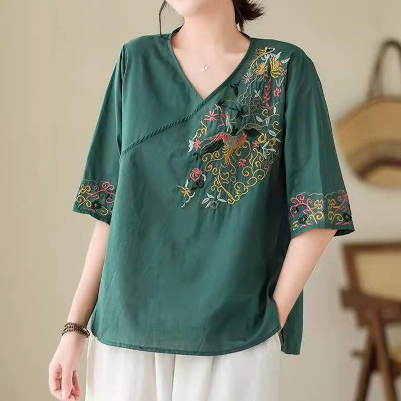Buddha Stones Lässiges, farbenfrohes Stickerei-Pflanzen-Vogelmuster, Damen-T-Shirt aus Baumwolle mit V-Ausschnitt und halblangen Ärmeln - SeaGreen - US12, UK/AU16, EU44 (3XL) - image 0