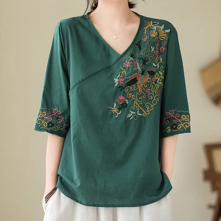 Buddha Stones Lässiges, farbenfrohes Stickerei-Pflanzen-Vogelmuster, Damen-T-Shirt aus Baumwolle mit V-Ausschnitt und halblangen Ärmeln - image 4
