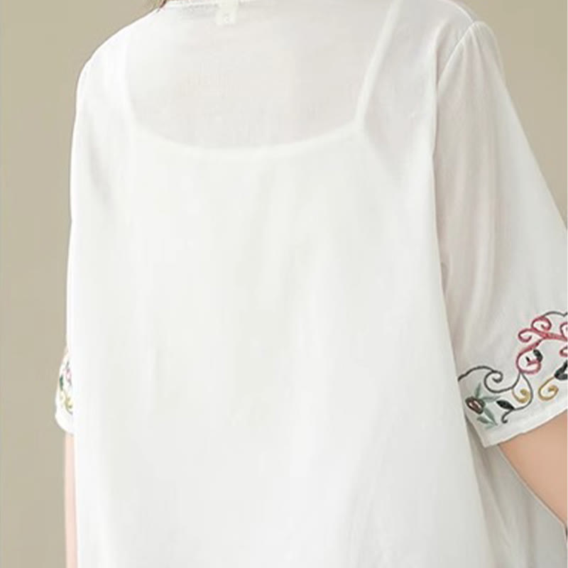 Buddha Stones Lässiges, farbenfrohes Stickerei-Pflanzen-Vogelmuster, Damen-T-Shirt aus Baumwolle mit V-Ausschnitt und halblangen Ärmeln - image 8