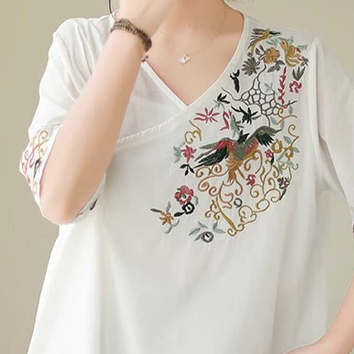 Buddha Stones Lässiges, farbenfrohes Stickerei-Pflanzen-Vogelmuster, Damen-T-Shirt aus Baumwolle mit V-Ausschnitt und halblangen Ärmeln - image 7