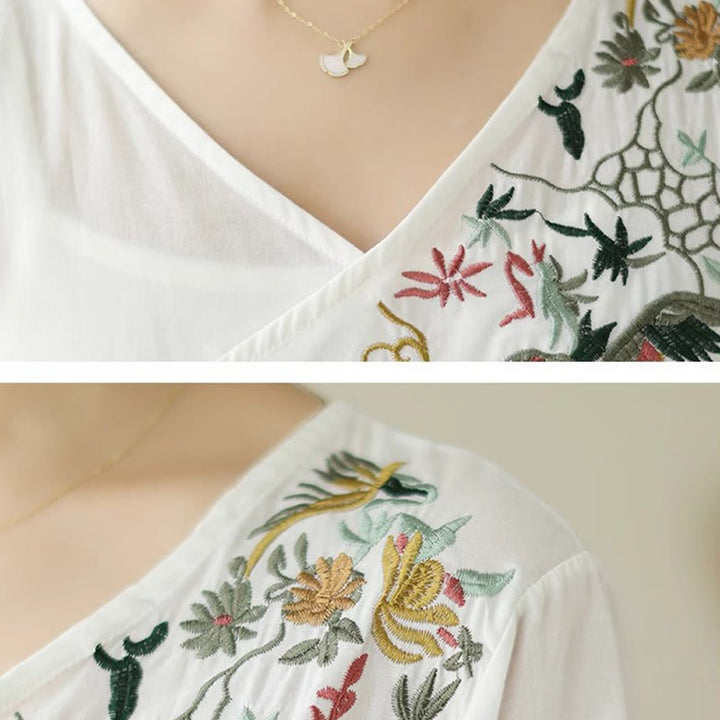 Buddha Stones Lässiges, farbenfrohes Stickerei-Pflanzen-Vogelmuster, Damen-T-Shirt aus Baumwolle mit V-Ausschnitt und halblangen Ärmeln - image 10