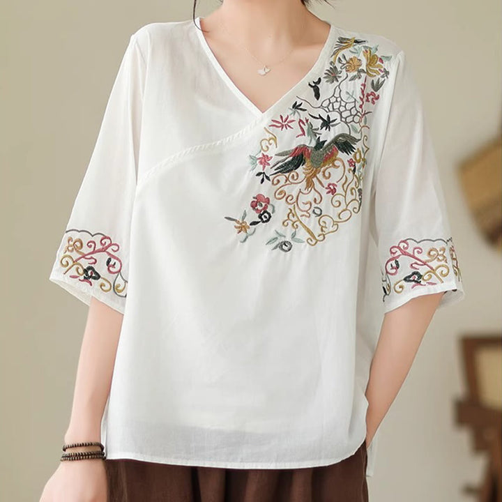 Buddha Stones Lässiges, farbenfrohes Stickerei-Pflanzen-Vogelmuster, Damen-T-Shirt aus Baumwolle mit V-Ausschnitt und halblangen Ärmeln - Weiß - US12, UK/AU16, EU44 (3XL) - image 5