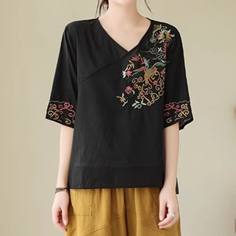 Buddha Stones Lässiges, farbenfrohes Stickerei-Pflanzen-Vogelmuster, Damen-T-Shirt aus Baumwolle mit V-Ausschnitt und halblangen Ärmeln - Schwarz - US12, UK/AU16, EU44 (3XL) - image 11