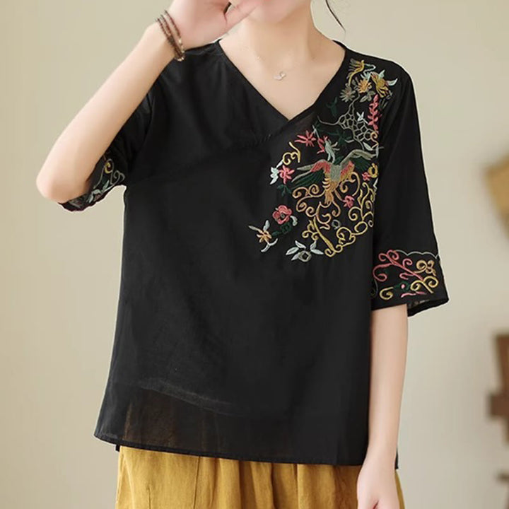 Buddha Stones Lässiges, farbenfrohes Stickerei-Pflanzen-Vogelmuster, Damen-T-Shirt aus Baumwolle mit V-Ausschnitt und halblangen Ärmeln - image 12