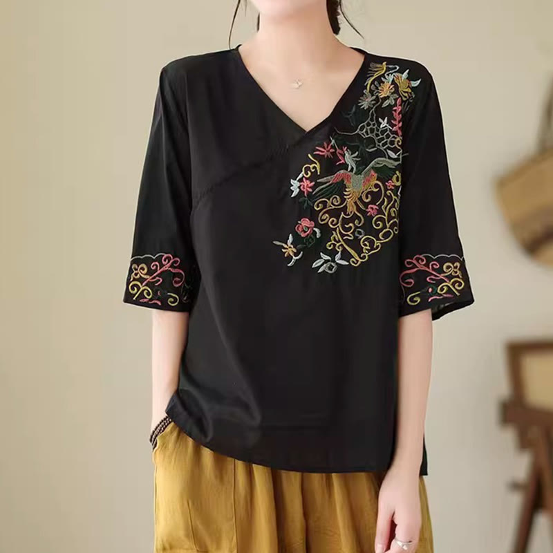 Buddha Stones Lässiges, farbenfrohes Stickerei-Pflanzen-Vogelmuster, Damen-T-Shirt aus Baumwolle mit V-Ausschnitt und halblangen Ärmeln - image 13