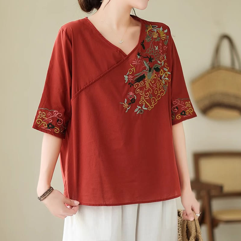 Buddha Stones Lässiges, farbenfrohes Stickerei-Pflanzen-Vogelmuster, Damen-T-Shirt aus Baumwolle mit V-Ausschnitt und halblangen Ärmeln - image 18