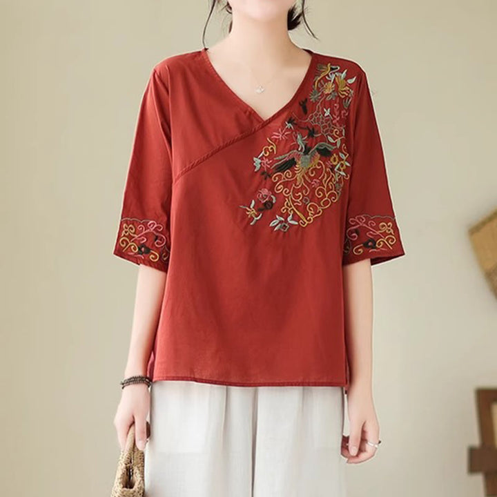 Buddha Stones Lässiges, farbenfrohes Stickerei-Pflanzen-Vogelmuster, Damen-T-Shirt aus Baumwolle mit V-Ausschnitt und halblangen Ärmeln - Feuerfestziegel - US12, UK/AU16, EU44 (3XL) - image 16