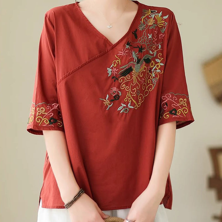 Buddha Stones Lässiges, farbenfrohes Stickerei-Pflanzen-Vogelmuster, Damen-T-Shirt aus Baumwolle mit V-Ausschnitt und halblangen Ärmeln - image 19
