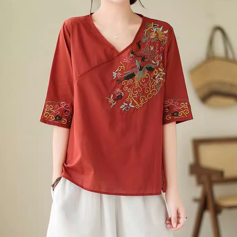 Buddha Stones Lässiges, farbenfrohes Stickerei-Pflanzen-Vogelmuster, Damen-T-Shirt aus Baumwolle mit V-Ausschnitt und halblangen Ärmeln - image 17
