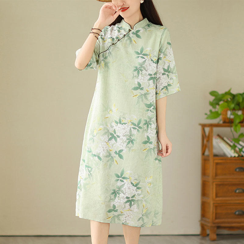 Buddha Stones Blumenmuster, Jacquard, Baumwolle, Leinen, chinesisches Cheongsam, Qipao, halblange Ärmel, Midikleid mit Taschen - Blassgrün - US8-10， UK/AU12-14，EU40-42 (2XL) - image 0