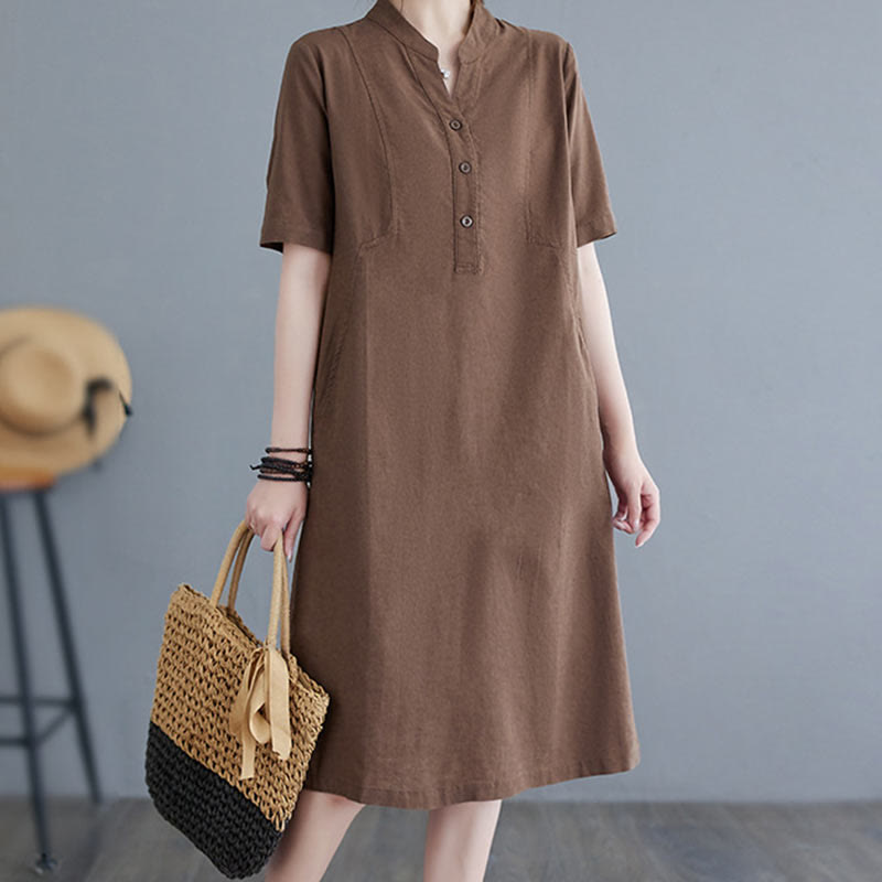 Buddha Stones – Lässiges, alltägliches Midikleid aus reiner Farbe mit Knopfdesign und kurzen Ärmeln aus Baumwolle und Leinen mit Taschen - image 14