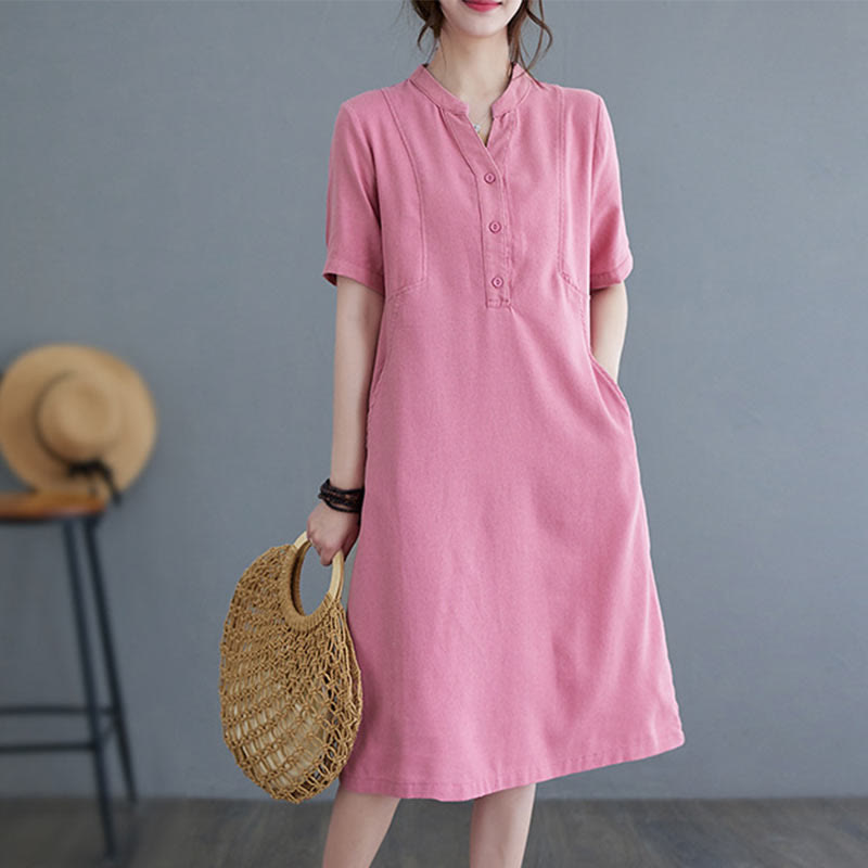 Buddha Stones – Lässiges, alltägliches Midikleid aus reiner Farbe mit Knopfdesign und kurzen Ärmeln aus Baumwolle und Leinen mit Taschen - HotPink - US8-10， UK/AU12-14，EU40-42 (2XL) - image 0