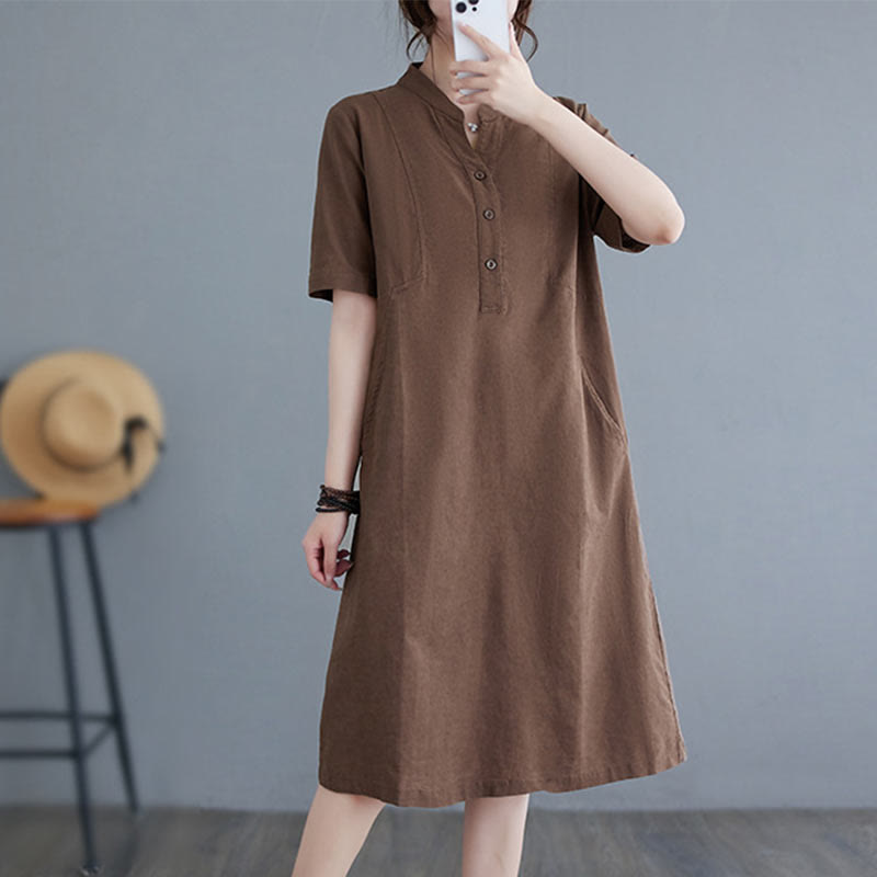 Buddha Stones – Lässiges, alltägliches Midikleid aus reiner Farbe mit Knopfdesign und kurzen Ärmeln aus Baumwolle und Leinen mit Taschen - Sienna - US8-10, UK/AU12-14, EU40-42 (2XL) - image 12