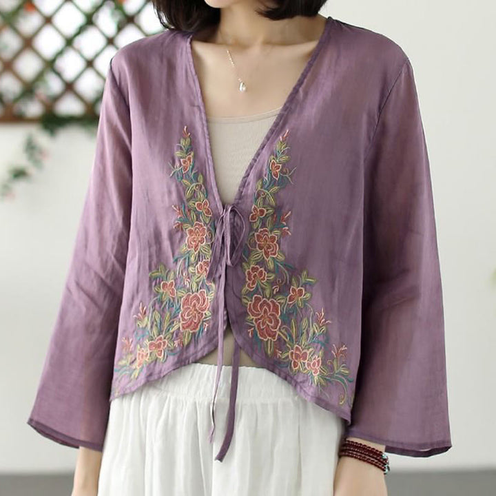 Buddha Stones Lässige Stickerei Blütenblätter Langarm Offene Strickjacke