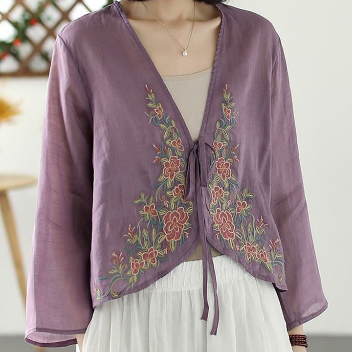 Buddha Stones Lässige Stickerei Blütenblätter Langarm Offene Strickjacke