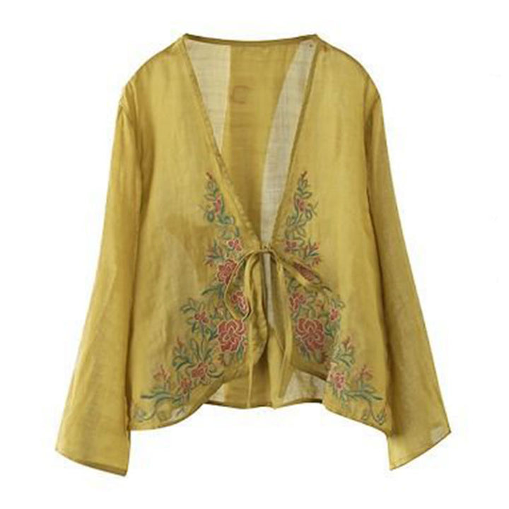 Buddha Stones Lässige Stickerei Blütenblätter Langarm Offene Strickjacke