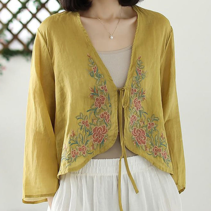 Buddha Stones Lässige Stickerei Blütenblätter Langarm Offene Strickjacke