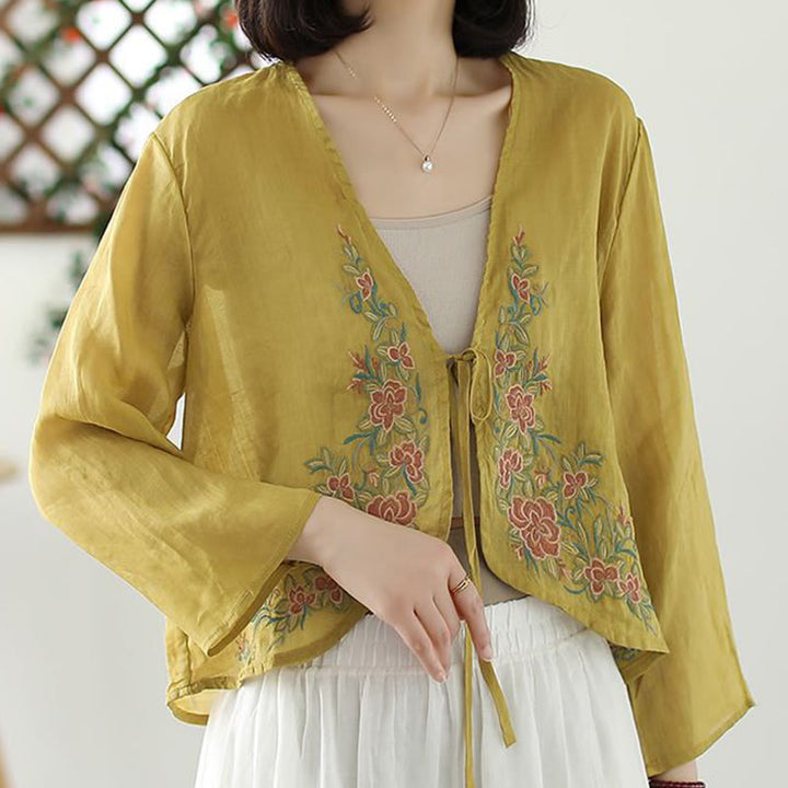 Buddha Stones Lässige Stickerei Blütenblätter Langarm Offene Strickjacke