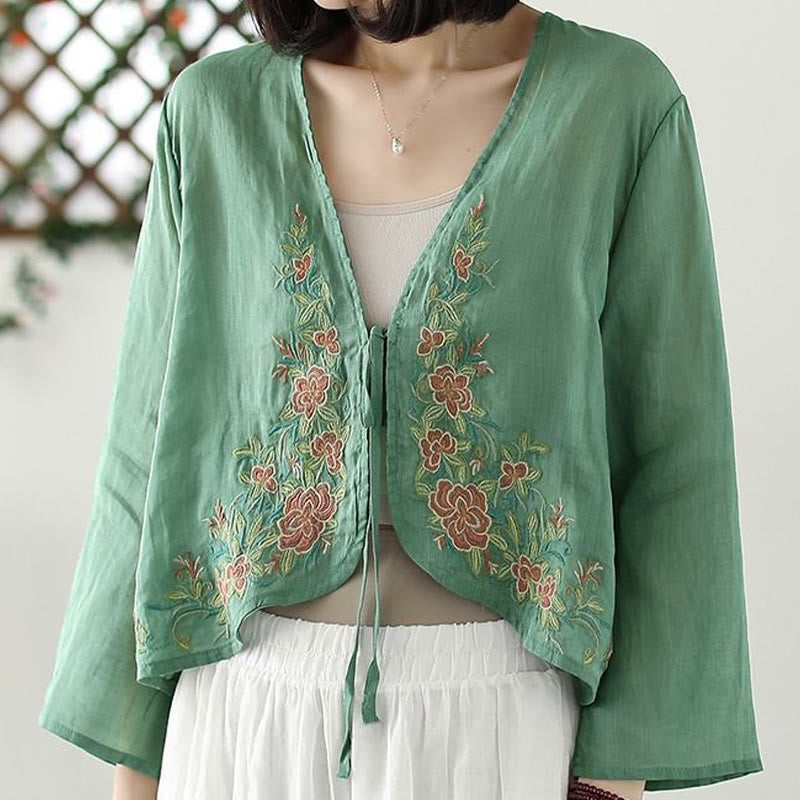 Buddha Stones Lässige Stickerei Blütenblätter Langarm Offene Strickjacke