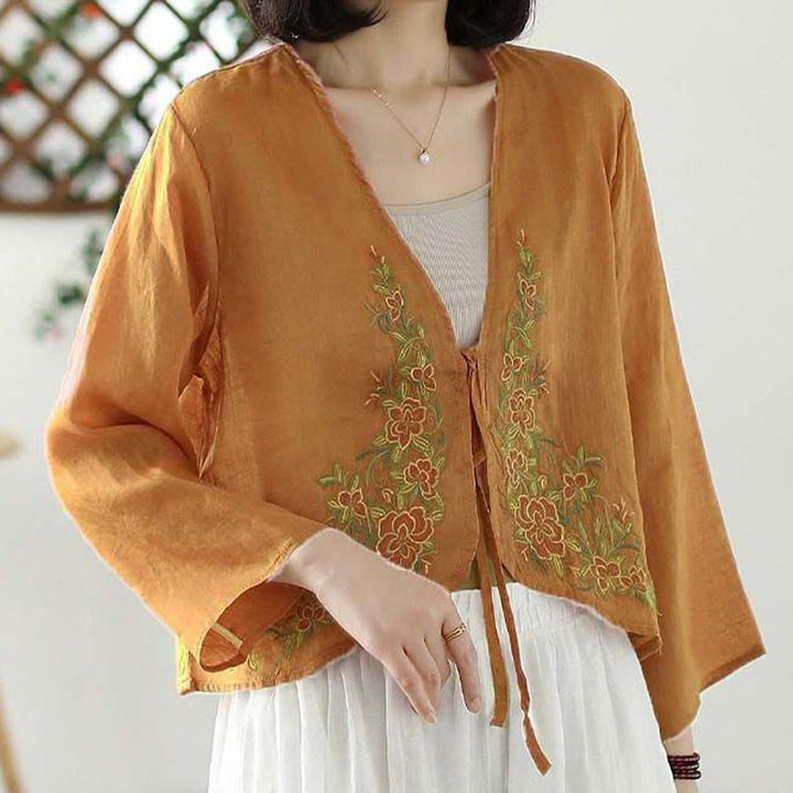 Buddha Stones Lässige Stickerei Blütenblätter Langarm Offene Strickjacke